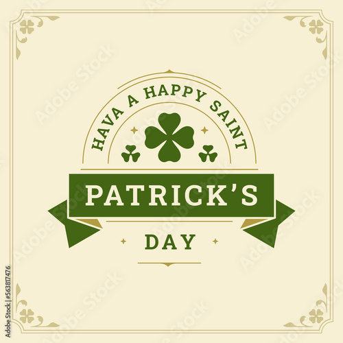 Happy Saint Patrick's Day vintage greeting card clover curved frame typographic template vector flat