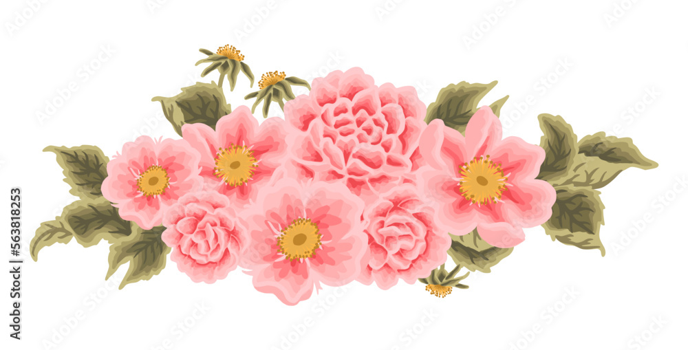 Fototapeta premium Vintage Tropical Rose, Peony Flower Bunch, Bouquet Vector Illustration Clipart Arrangement for Wedding Invitation, Greeting Card Decoration, Aesthetic Nature Crafts, Art and Creative Projects