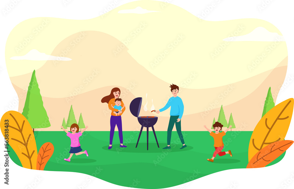 Father,Mother,daughter and son having Barbeque Picnic in a garden,
