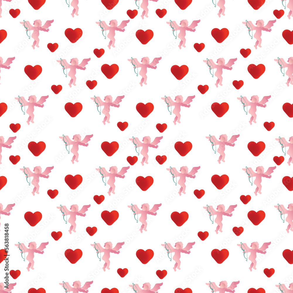 Hearts and cute angel seamless pattern on a white background