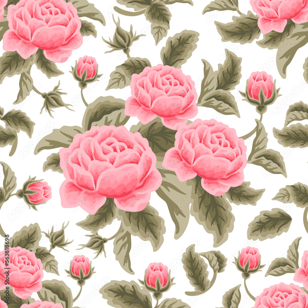 Vintage Tropical Rose, Peony Flower Bunch Vector Seamless Pattern Illustration for Fabric, Textile, Gift Wrapping Paper, Wedding Invitation, Greeting Card, Crafts, Art and Creative Projects
