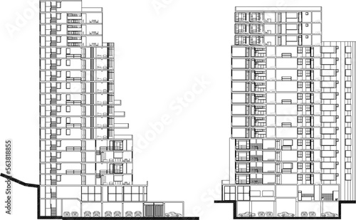 vector sketch of modern minimalist skyscraper apartment hotel cutout illustration