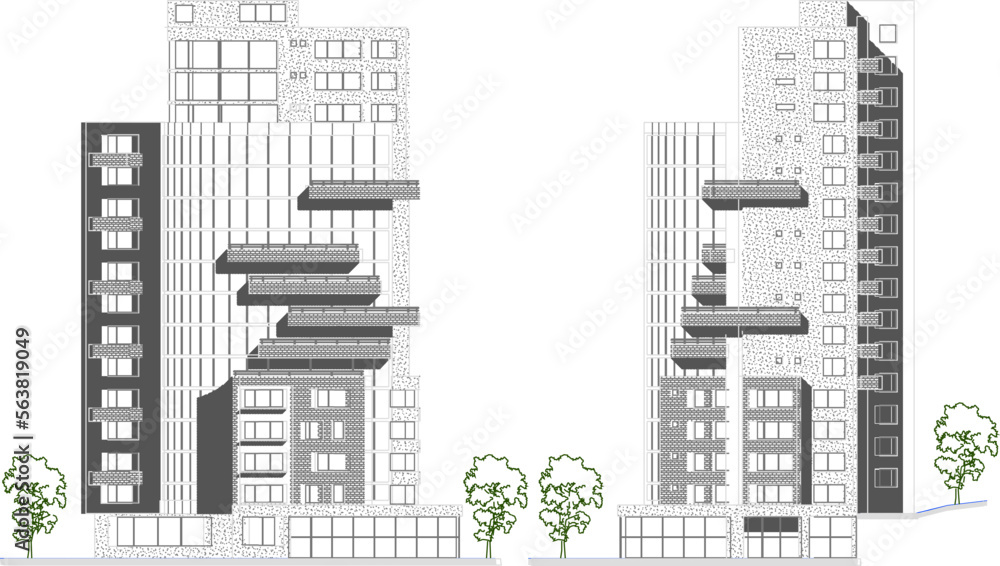 sketch vector illustration of modern minimalist skyscraper apartment hotel