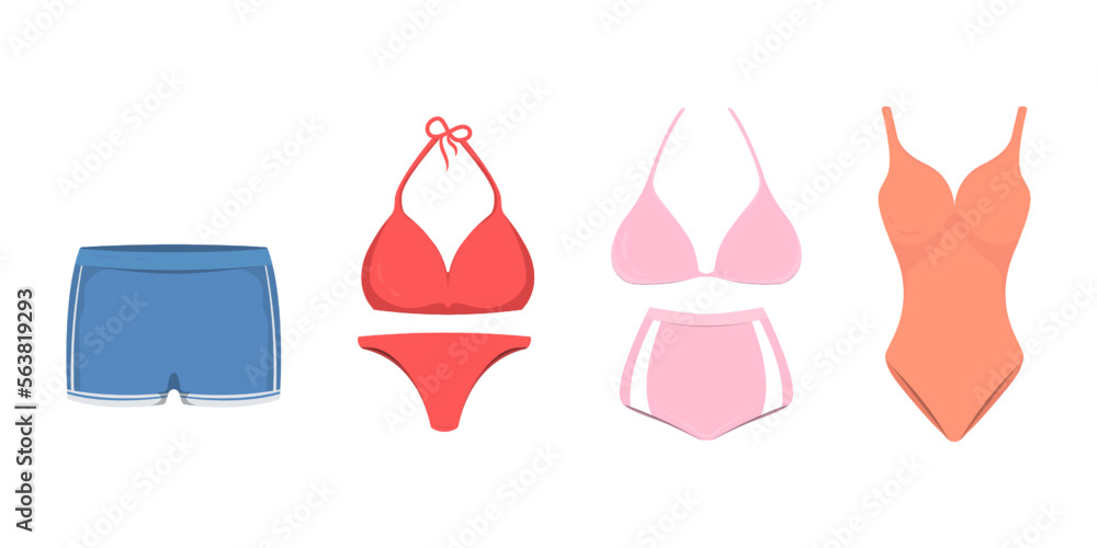 Cartoon collection swimming costume on isolated background, Vector illustration.