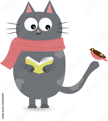 Cat and bird reading a book