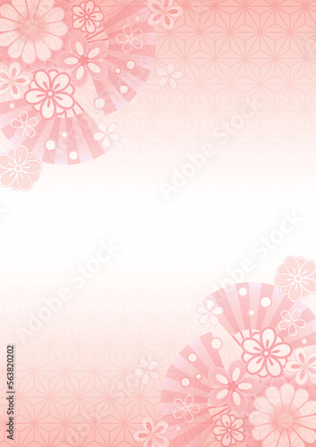 花と扇の麻の葉模様和背景タテピンク