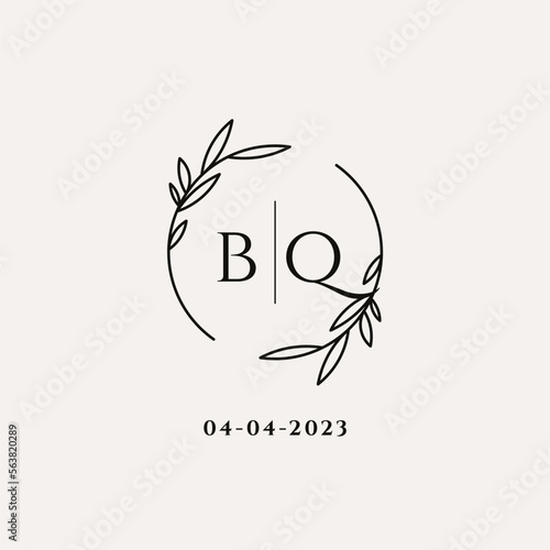 Letter BQ wedding monogram logo design with simple natural circle leaf frame photo