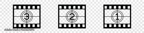 Cinema countdown icons set in transparent background. Movie and video countdown icon symbol in the film strips with outline and flat style, vector illustration