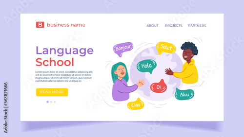 Online language school concept for Landing page or website template. Learning languages online, learning a foreign language at home.