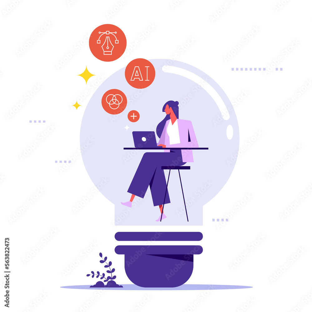 Content creation, creative person vector concept. Woman developer or Designer sitting in lightbulb with laptop and works on creative project. Symbol of creativity, writing, copywriting Content creation, creative person vector concept. Woman developer or Designer sitting in lightbulb with laptop and works on creative project. Symbol of creativity, writing, copywriting