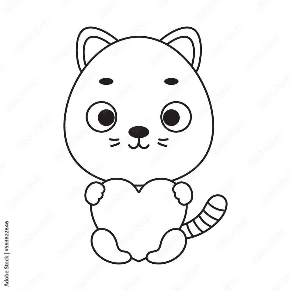Coloring page cute little cat holds heart. Coloring book for kids. Educational activity for preschool years kids and toddlers with cute animal. Vector stock illustration