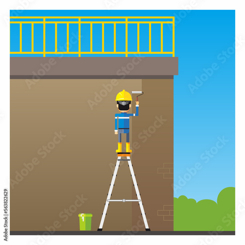 Worker stand on top of portable ladder. Unsafe act. Working at height vector illustration.