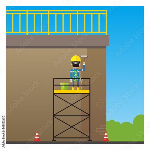 Worker stand on the scaffolding for doing painting work. Use proper working platform for conducting working at height vector illustration.