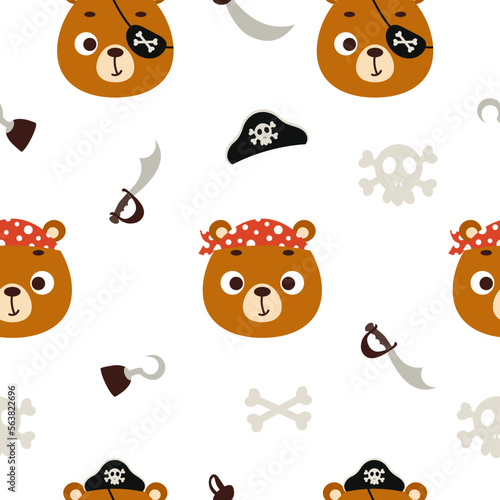 Cute little pirate bear face seamless childish pattern. Funny cartoon animal character for fabric, wrapping, textile, wallpaper, apparel. Vector illustration