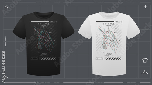 Men's t-shirt with futuristic print mockup. Front view. Vector template. Cyber Hud Design print.
