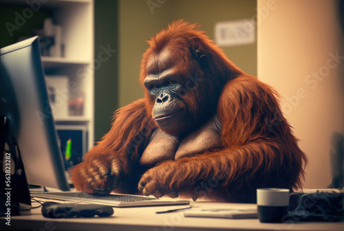 A fat Orangutan is sitting at the office table in front of a computer. Sedentary lifestyle concept, generative ai