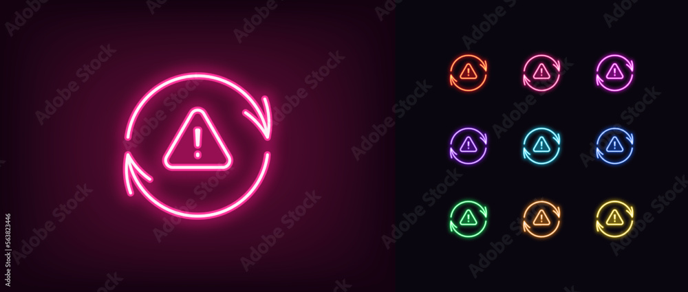 Outline neon update icon set. Glowing neon update arrows frame with exclamation mark, important upgrade warning pictogram. Error synchronize, reload alert, restart notice. - obrazy, fototapety, plakaty 