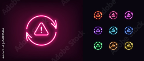 Outline neon update icon set. Glowing neon update arrows frame with exclamation mark, important upgrade warning pictogram. Error synchronize, reload alert, restart notice.