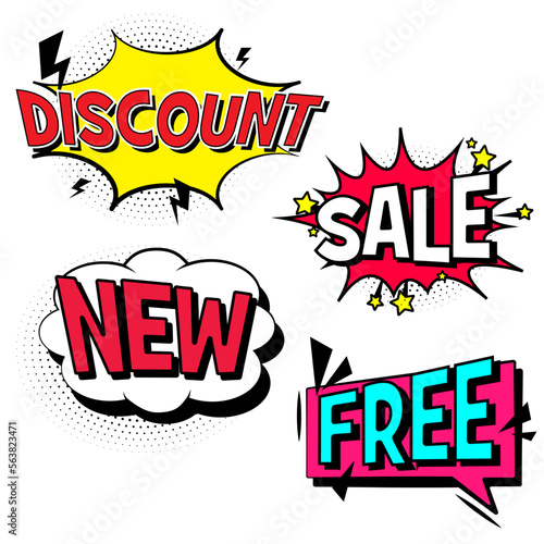 Sale discount shopping comic text bubble vector isolated icons set