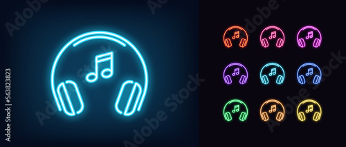 Outline neon headphones icon set. Glowing neon headset frame with music note sign, listen sound podcast. Dj and gamer headphones, musical track, dance mix, radio show.