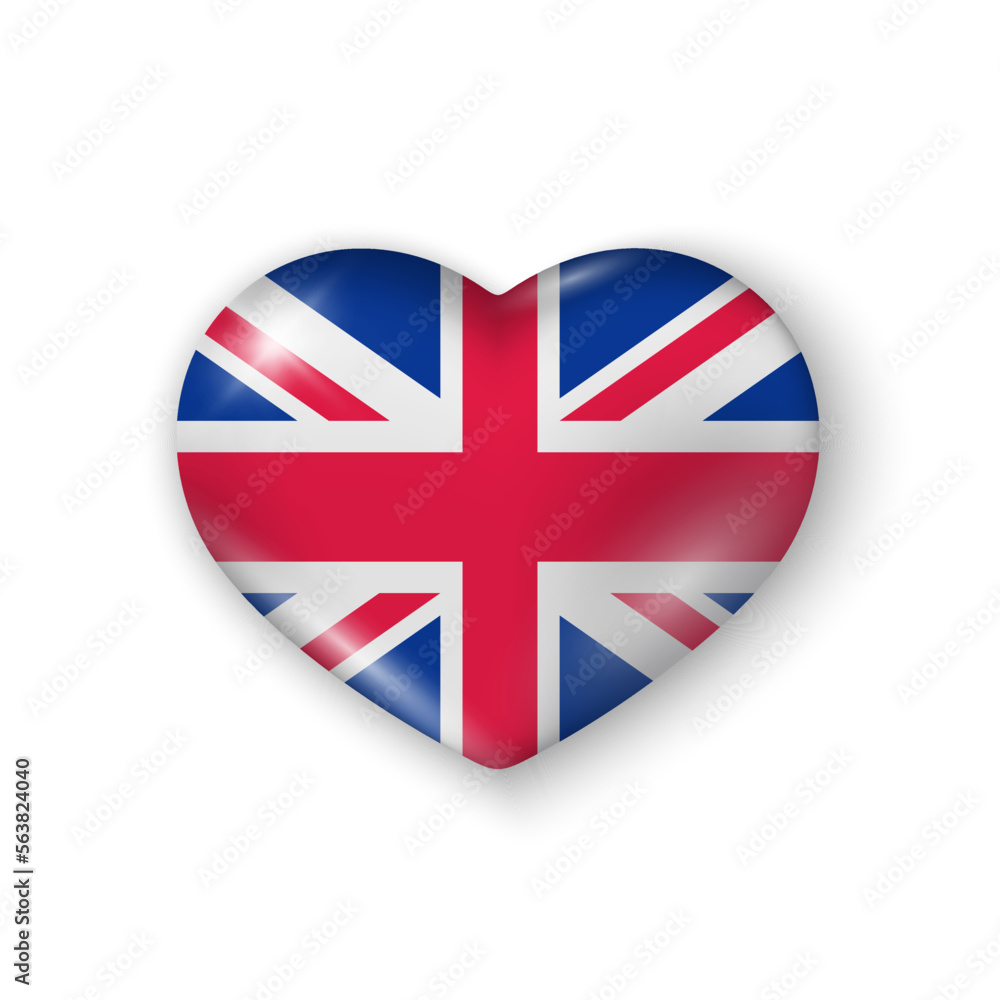 Obraz premium 3d heart with flag of Great Britain. Glossy realistic vector element on white background with shadow underneath. Best for web, logo, print and festive decoration.