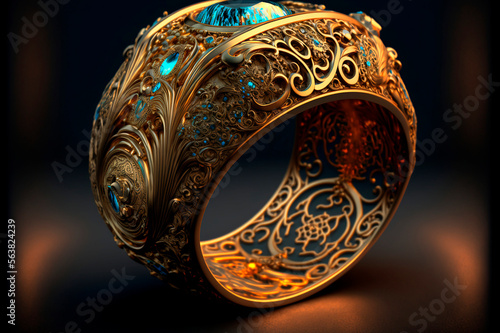 female gold ring with stone on dark background