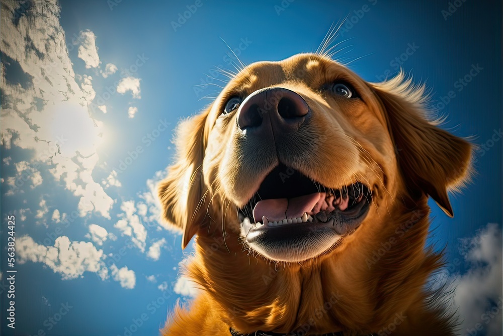 Golden retriever, Dog look up, bright sky background (ai generated)