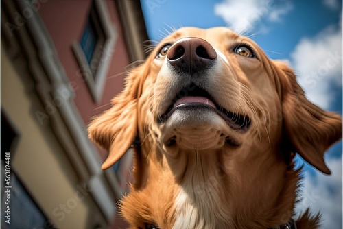 Golden retriever, Dog look up, bright sky background (ai generated)