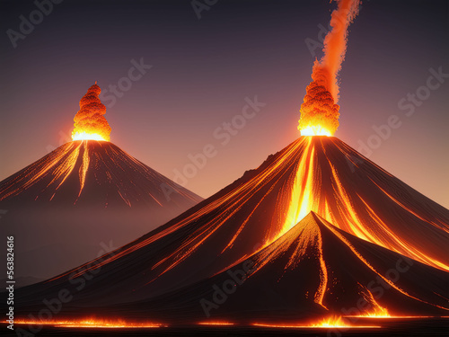 Volcano eruption at night. Generative AI
