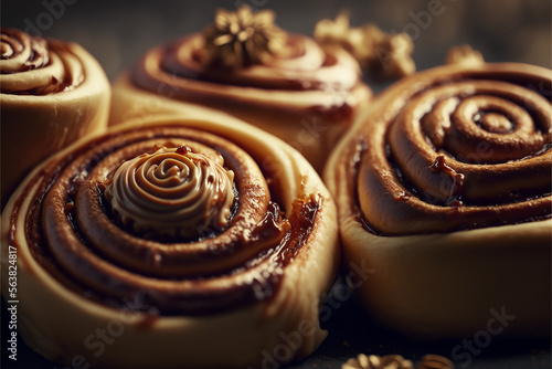 Close up of delicious cinnamon rolls generated with AI