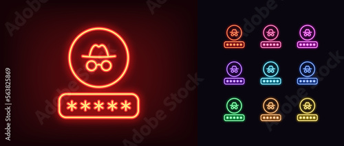 Outline neon password icon set. Glowing neon input password with incognito sign, private access pictogram. Hacker attack, personal data theft, account hacking, spying, internet security.