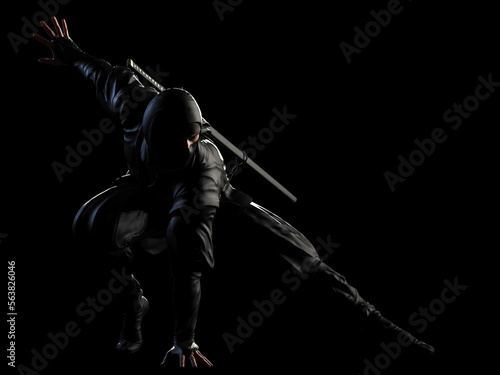 A ninja poses for a landing in the dark. 3D illustration.