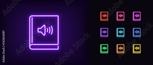 Outline neon sound book icon set. Glowing neon voice book with speaker sign, digital audiobook pictogram. Sound dictionary, listen ebook, musical handbook, audio library.