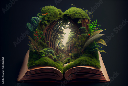 Papier peint A tropical rainforest jungle appearing opening a book, generative AI