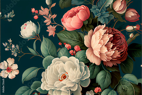 Vintage floral pattern with roses and peonies, in beautiful romantic colors ideal for backgrounds