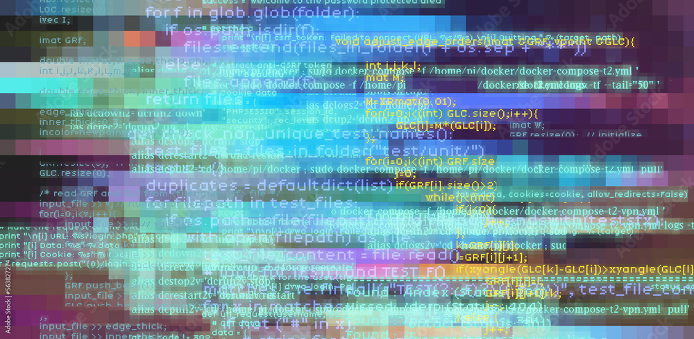 Abstract technology background with glitched code. Concept of a programming and IT science.