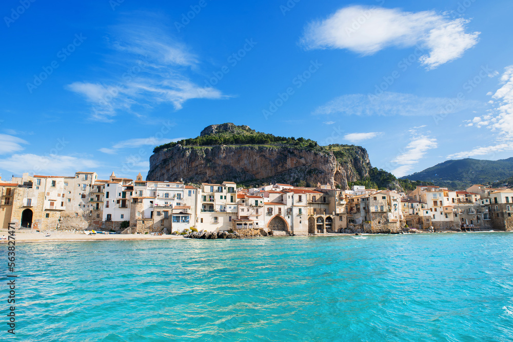 Cefalu town, Sicily island, Italy, Beautiful view of old town with the sea, Popular travel destination in Europe