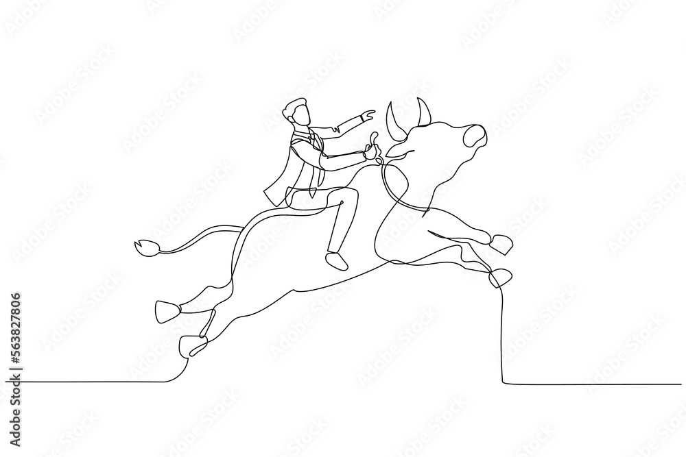 businessman riding a bull going up showing rising and bull market. One line art style businessman riding a bull going up showing rising and bull market. One line art style