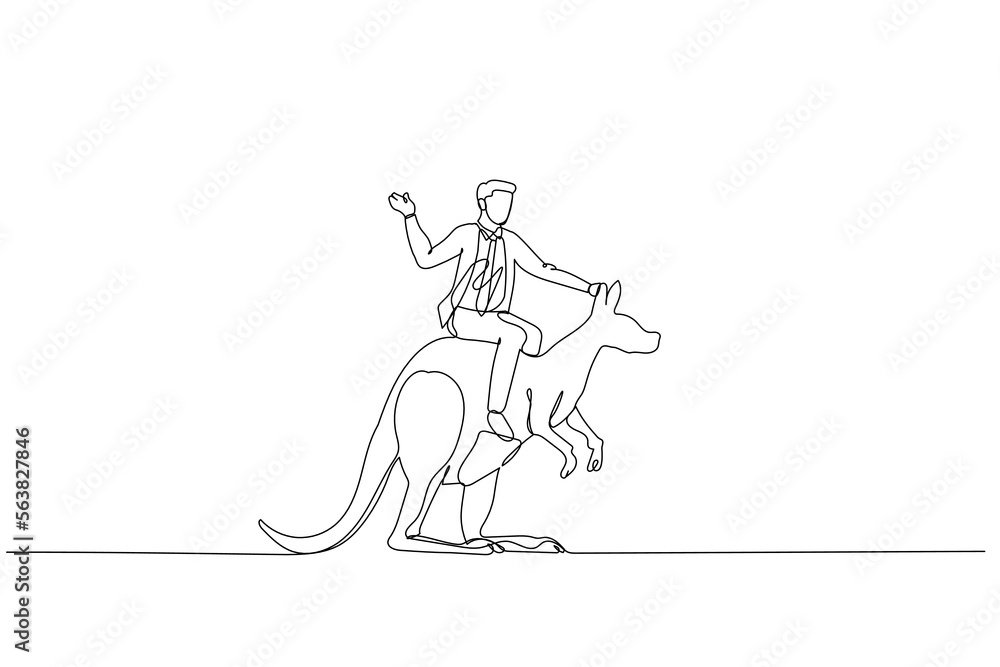 businessman riding kangaroo with suicase metaphor of manager with courage and brave. Single continuous line art businessman riding kangaroo with suicase metaphor of manager with courage and brave. Single continuous line art