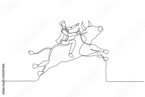 businessman riding a bull going up showing rising and bull market. One line art style
