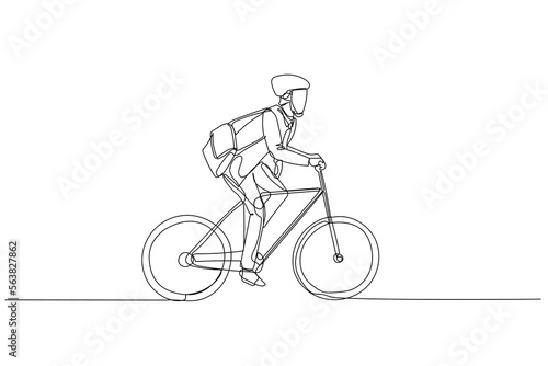 businessman rriding bicycle to office concept of bike to work eco friendly transportation. One line art style © rina