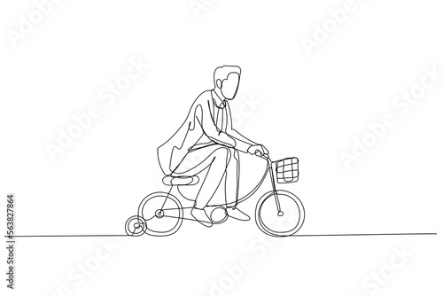 businessman practice riding child bicycle with training wheels concept of training practice for success. Single continuous line art style