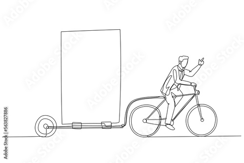 businessman riding bicycle with billboard trailer concept of outdoor advertisement. Continuous line art