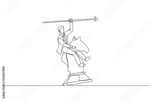 businessman riding chess horse metaphor for business fighting and strategy. Continuous line art style
