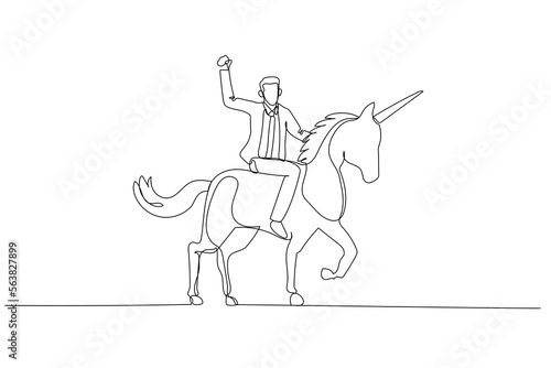 businessman riding a unicorn with the horse only standing on three foot. Single continuous line art style