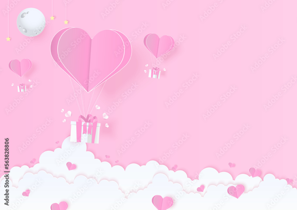 Pink heart balloon with gift box background