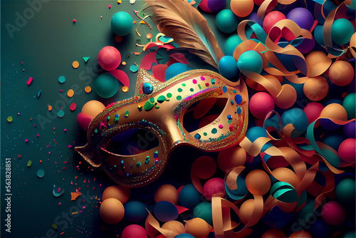 Carnival mask and colorful confetti in a joyous party background , generative AI © FrankBoston