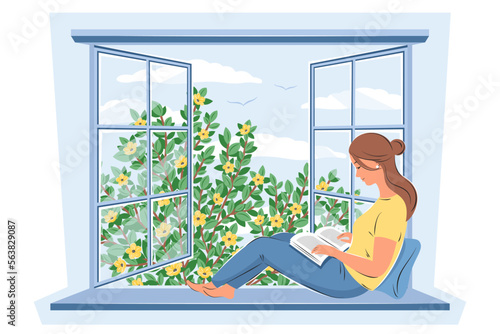 Woman reading book and sitting at the spring window. Spring vector illustration for  bookshop, library, bookstore or education.