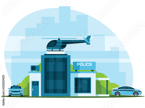 Police station with helicopter and police cars on city background. Vector graphics