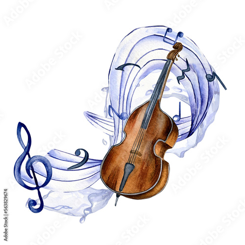 Bilde på lerret Treble clef, musical notes and contrabass watercolor illustration on white